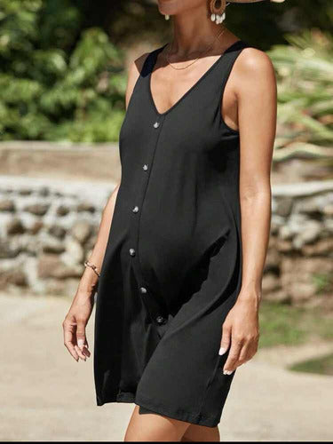 Maternity Black Sundress with Wide Strap Detail and Buttoned Skirt 2