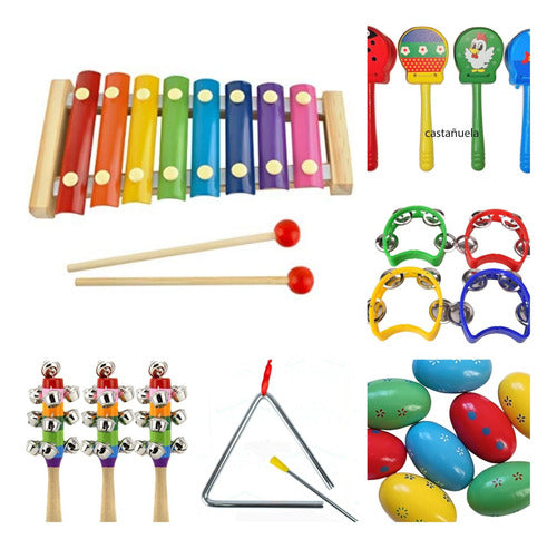 Kit De Percusión Infantil Color X 6 Xilofón Armónica Maracas 0