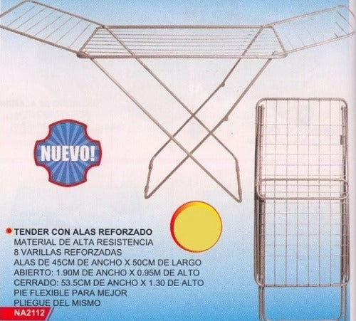 Folding Clothes Drying Rack with Wings Reinforced 1.9m x 1m 8 Rods NA2112 1