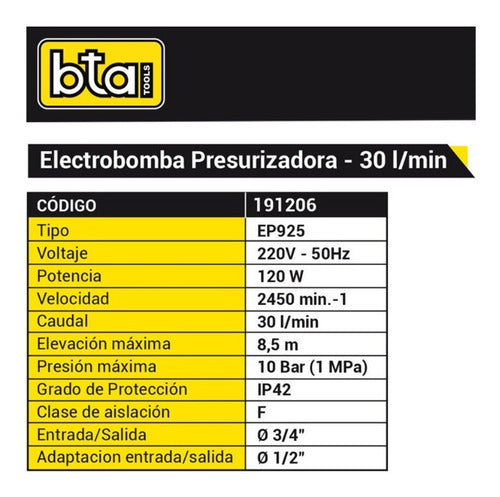 BTA Electrobomba Bomba Presurizadora 191206 120W 30 L/min 1