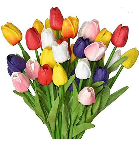 Wistart 24pcs Multicolor Artificial Tulip Flowers Fake Faux PU Tulip Bouquet Real Touch Flower Arrangements 0