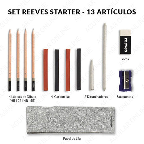 Reeves 13-Piece Art Set - Pencils, Charcoal, Blenders, Sharpener, Eraser, Sandpaper - Premium Quality 1
