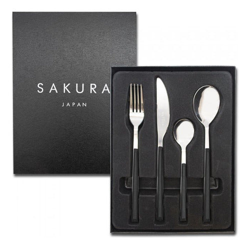 24-Piece Sakura Black Stainless Steel Cutlery Set 0