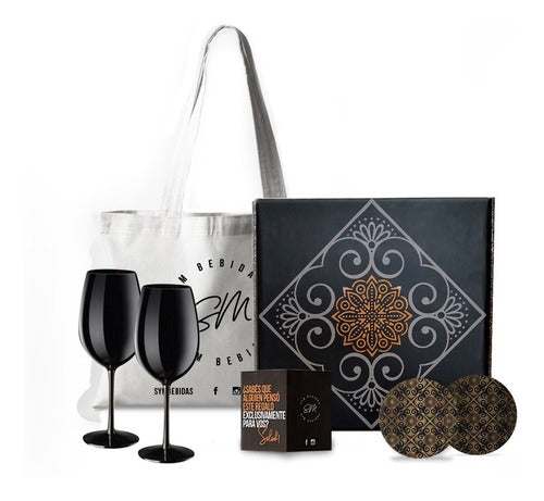 Estuche De Regalo Para Vino + 2 Copas Negras + Posavasos 0