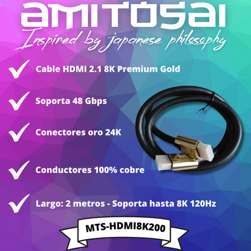 Amitosai 2m HDMI 8K 120Hz 2.1 HDR eARC 48Gbps Gold Cable 1