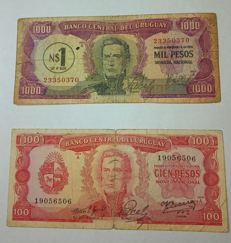 2 Billetes Uruguay 100 Pesos - 1000 (resellado N.1)fine 0