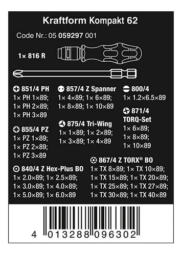 Wera Kraftform Kompakt 62 Screwdriver Set with Bit Holder, Bits, and Pouch 1