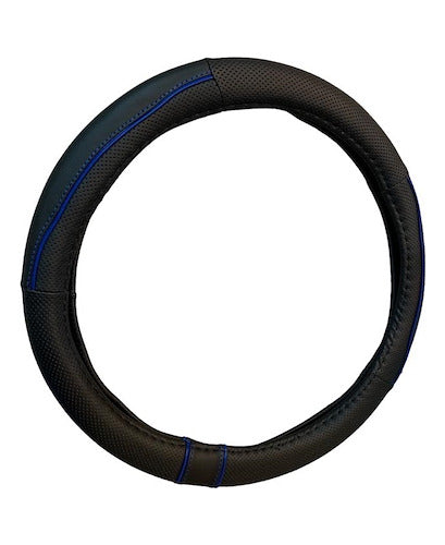 Universal 38 cm Leather Steering Wheel Cover Black-Blue with Detailed Border 0