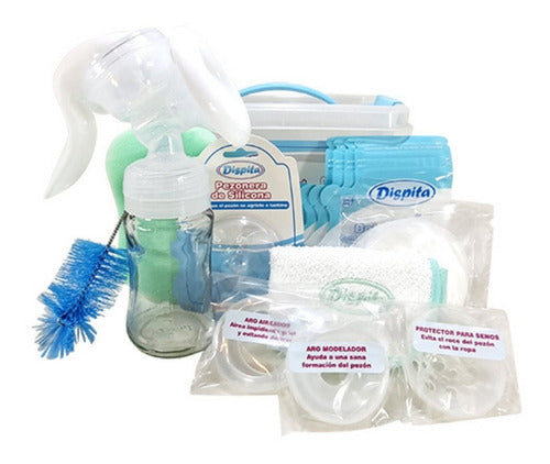 Maternal Breastfeeding Kit Sky Blue Glass Baby Bottle Breast Pump Dispita 0