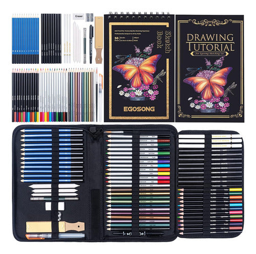 EGOSONG Professional Drawing Supplies Art Set - 73-Piece Sketch Kit with Tutorial Sketch Book 0