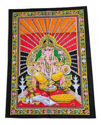 Mundo Hindú Hindu Tapestry with Image of Ganesh, Saraswati, and Lakshmi 7