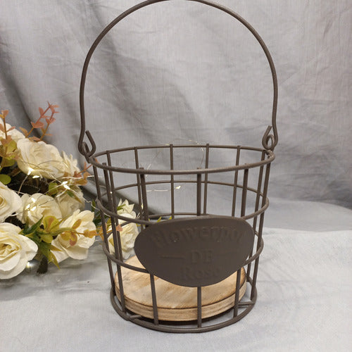 Round Metal Basket with Wooden Base Industrial Style 2