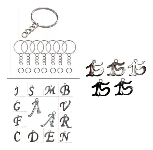 20 Keychains + Letter Pendant + Number 15 Metal DIY Kit 0