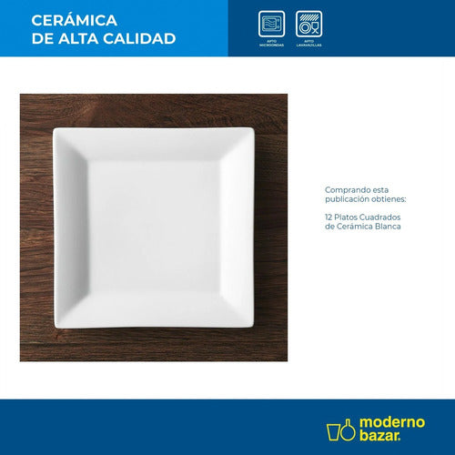 Moderno Bazar Set Platos X12 Cuadrado Grande Ceramica Blanca 26x26 2