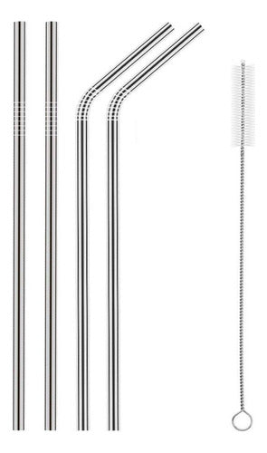 Set of 4 Reusable Eco-Friendly Stainless Steel Straws with Cleaning Brush 0