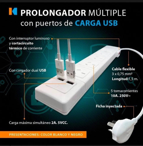 Kalop Prolongador 5 Tomas USB 1.5m 2