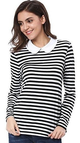 Allegra K Women's Long Sleeve Peter Pan Striped Top 0