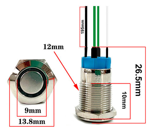 Pulsador Boton Metalico 12mm Sin Retencion Verde Con Cable 1