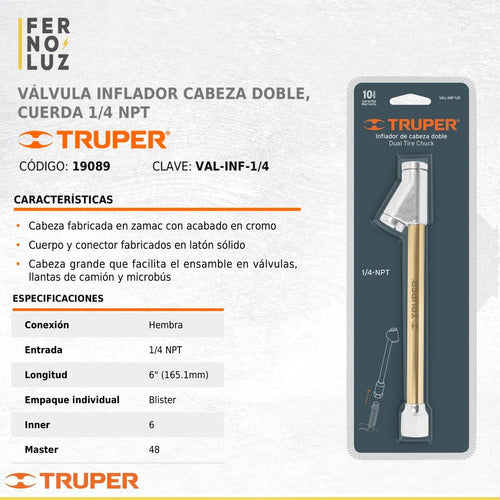 Truper Alargue Inflador Válvula Doble Pico Dual Neumático 1