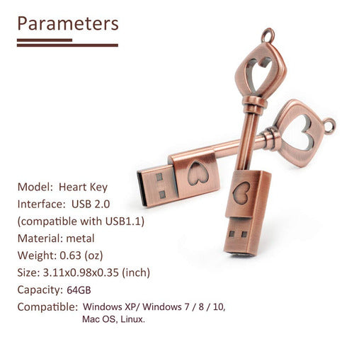 Borlterclamp - 64 GB USB 2.0 Memory Flash Drive, Retro Heart Key Shape 5