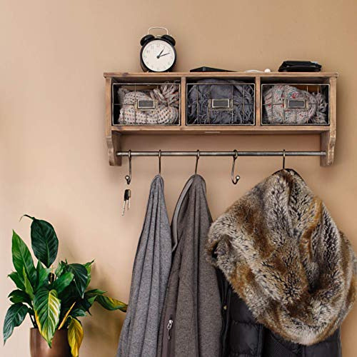 HBCY Creations Rustic Wall Shelf with Hooks and Baskets 1