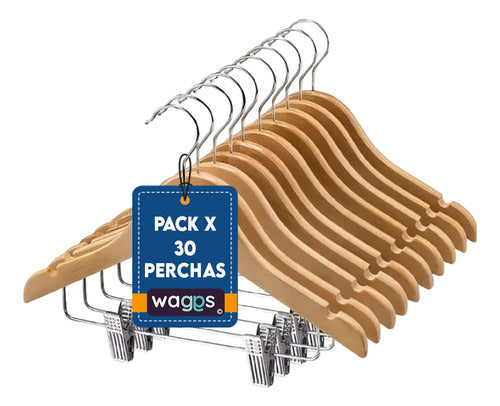 Waggs Pack of 30 Polished and Varnished Wooden Hangers 1° 0