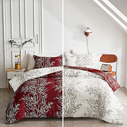 Flysheep Red Tree Floral Comforter Set King Size, Burgundy A 1