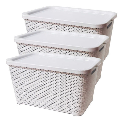 Pack of 3 Small Rattan-Like Plastic Stackable Organizer Baskets with Lid by Colombraro 0