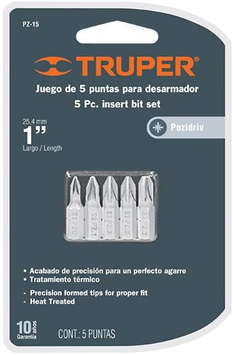 Jgo.5 Ptas.pozidriv 25mm(pz0,pz1,pz2,pz2,pz3)   Truper Pz-15 0