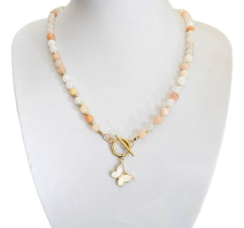 Lotaro Lotaro Aventurina Rosa Necklace with Butterfly Mother of Pearl Pendant and 18k Gold Plating 0