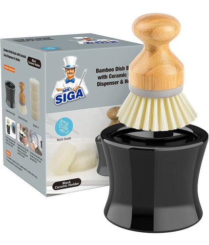 Mr.siga Dish Soap Dispenser & Holder, Bamboo Dish Brush With Soap Dispenser Set, Includes 4 Replaceable Sponges, Dish Brush Holder In Black 0