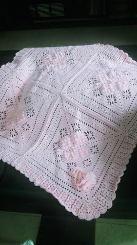 Artesanal Pañoleta - Hand-Knit Crocheted Wool Blanket in Pink 3