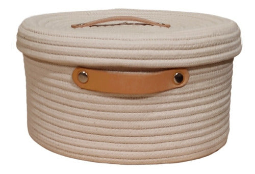 Cotton Basket with Leather Handle and Lid 0