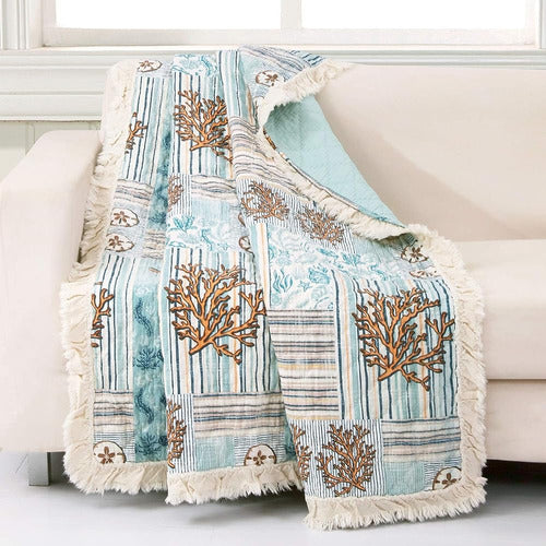 ~? Barefoot Bungalow - Key West Fringed Throw Quilt, 50x60 P 0