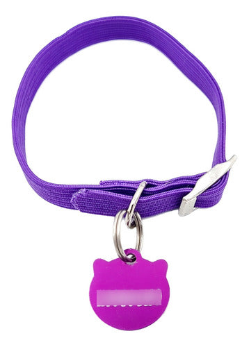 Medallas Para Perros Chapita Gatos Cara De Gato Violeta + Collar 1cm Elastizado 1