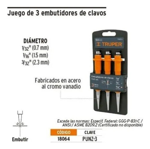 Truper Juego Set Punzones Embutidor De Clavos 3 Piezas 18064 1