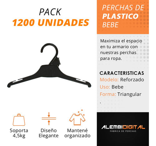 1200 Perchas Bebe Plastico Negro Ropa Infantil Reforzada 2