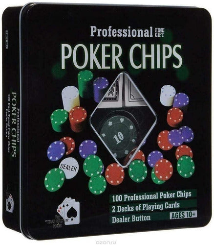 Set Juego Poker 100 Fichas + 2 Mazo Cartas Estuche Metálico 2