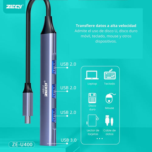 Zeqi USB-C Male to 4-Port Hub 1