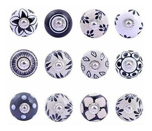 Indian Haat Bazaar Decorative Drawer Knobs - Pack Of 12 Pcs - Brass Steel Cabinet Door Handle Blue Pottery Flower Handmade Home Decor Hardware - Black And White 1