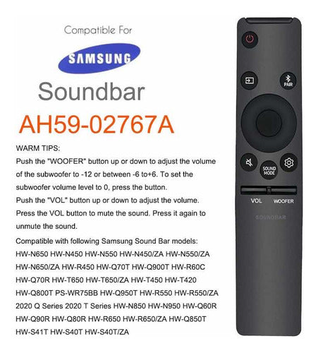 Controle Sound Bar Samsung  Compatível Com Modelos Hw 5