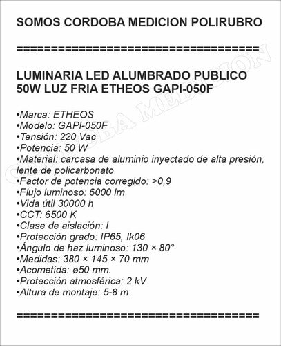 Etheos Luminaria Led Alumbrado Publico 50W Luz Fria GAPI-050F 1