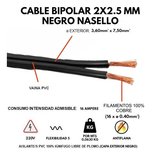 Conduelec Black Bipolar Parallel Cable 2 X 2.5 Mm Roll of 25 Meters 1