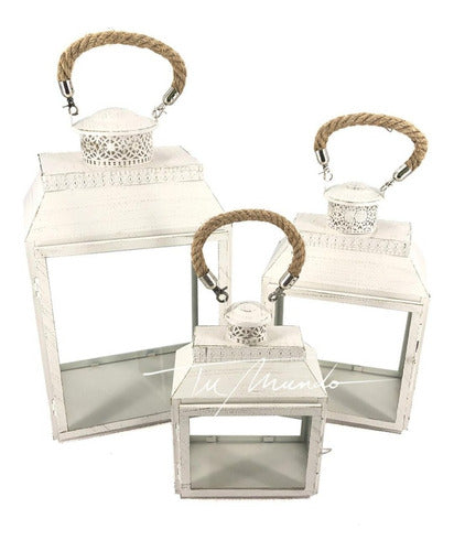 Set De 3 Faroles Porta Vela Decorativo En Metal Color Blanco 1