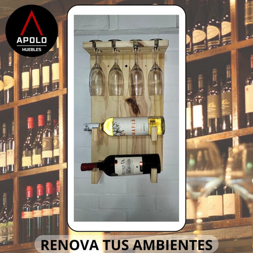 Apolo Muebles Vinoteca Cava Porta Vino Madera Pino 2 Botellas 4 Copas 4