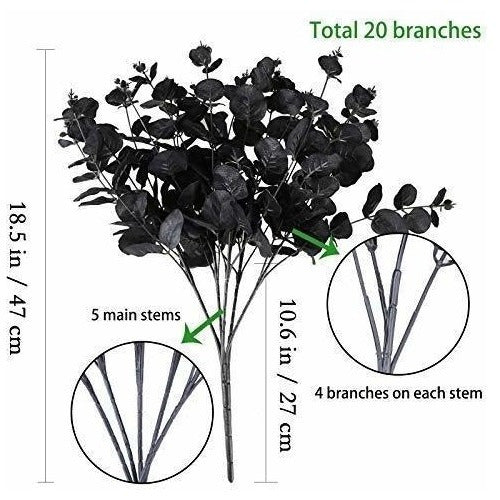 Greentime - Artificial Eucalyptus Stem Bouquet with Black Faux Flowers 1