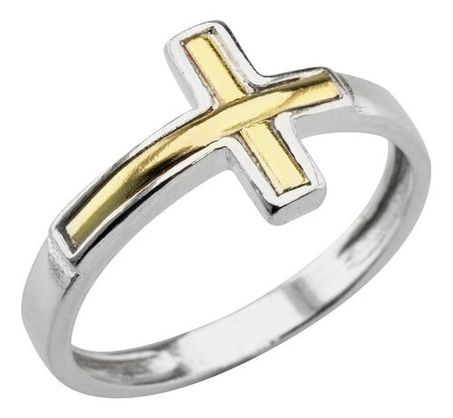 Silver and Gold Horizontal Religious Cross Ring for Women 0