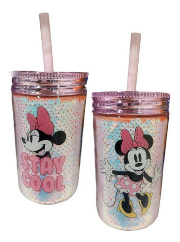 Disney Minnie Mouse Double Plastic Glass / Bottle 370ml + Straw 0