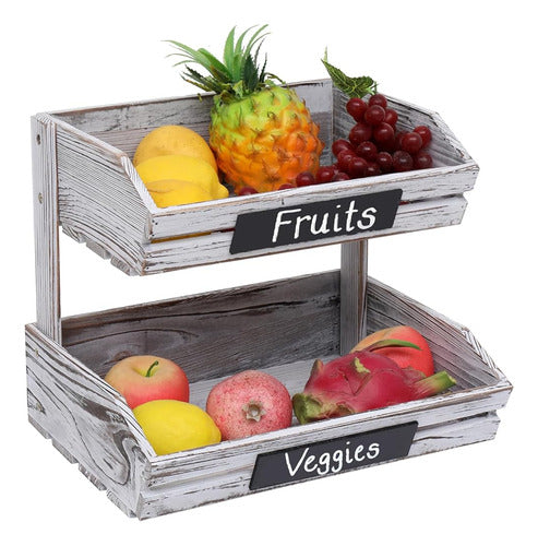 HYLEHE Fruit Basket Stand - Rustic Wooden 2-Tier Vegetable Organizer 0