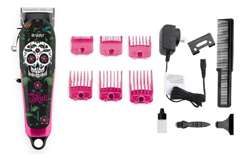 B-Way Skull Hair Clippers Pink and Black 100V/240V 0